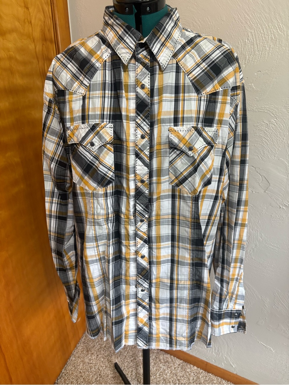 Wrangler Men's Plaid Button-Down Shirt in White, Black & Yellow